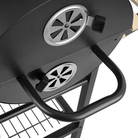 Duży zamykany grill węglowy ogrodowy na kółkach z półkami i paleniskiem