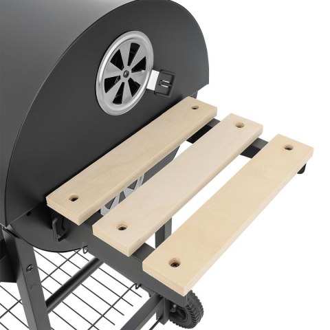 Duży zamykany grill węglowy ogrodowy na kółkach z półkami i paleniskiem