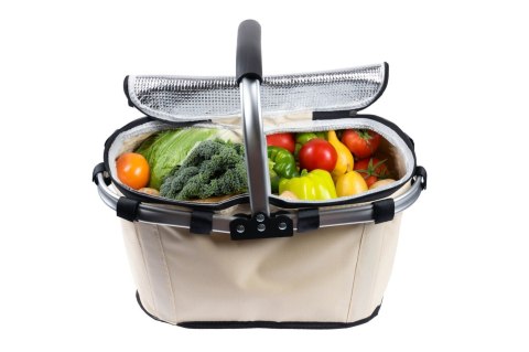 SKŁADANY KOSZYK TERMICZNY PIKNIKOWY NA ZAKUPY, PLAŻĘ Z 1 UCHWYTEM - WODOODPORNY, BEŻOWY