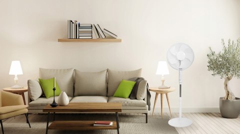 Wentylator podłogowy wiatrak stojący 5 łopatek mocny cichy timer pilot 3 tryby regulacja 45W biały Bauerkraft