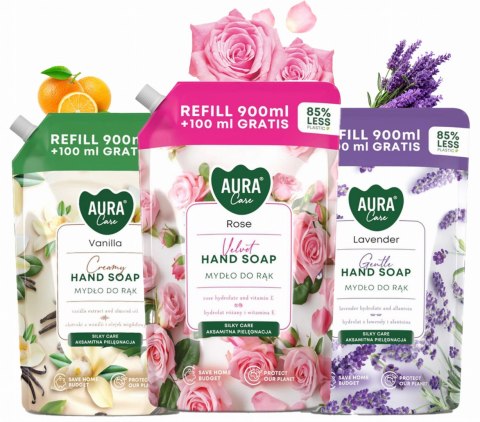 Zestaw 3x1000 ml AURA Care Mydło Do Rąk Uzupełniające Lawenda Róża Wanilia
