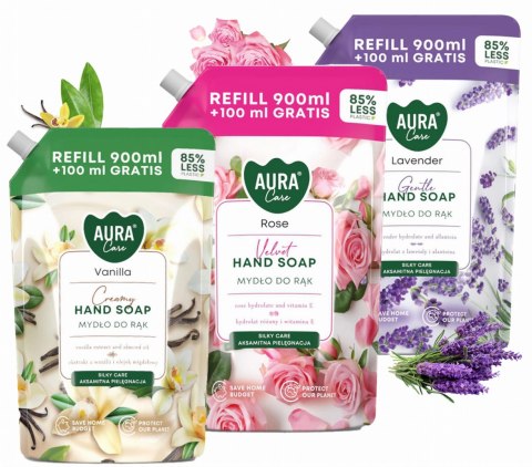 Zestaw 3x1000 ml AURA Care Mydło Do Rąk Uzupełniające Lawenda Róża Wanilia