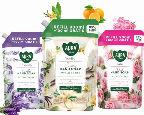 Zestaw 3x1000 ml AURA Care Mydło Do Rąk Uzupełniające Lawenda Róża Wanilia