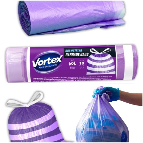 VORTEX Worki na śmieci z taśmą ściągającą HDPE 60X65CM fioletowo białe 60l/10 sztuk