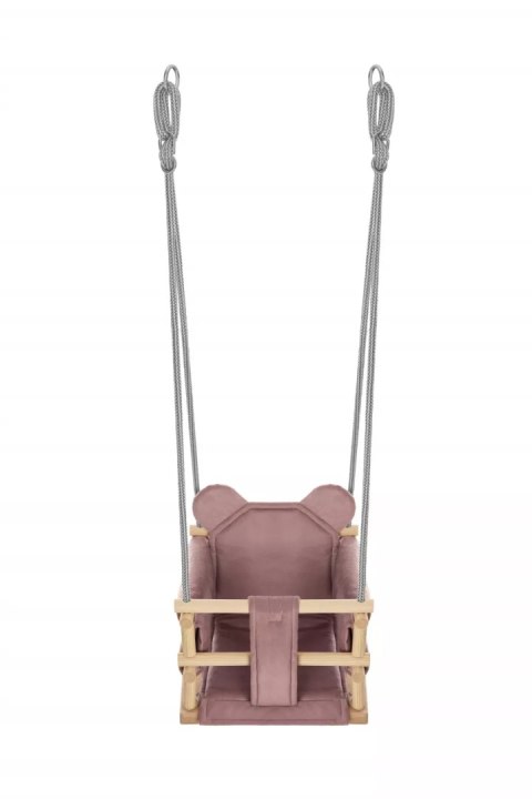 Huśtawka kubełkowa welurowa drewniana miś różowa HWMR6429