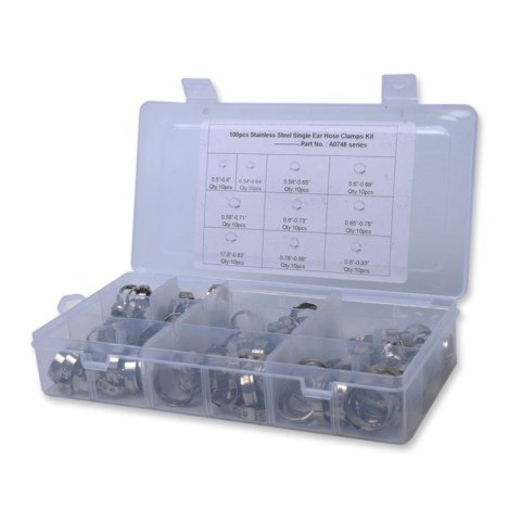 Opaski obejmy zaciski zaciskowe z pojedynczym uchem do węży bezstopniowe 100 sztuk 12,8 - 23,5mm