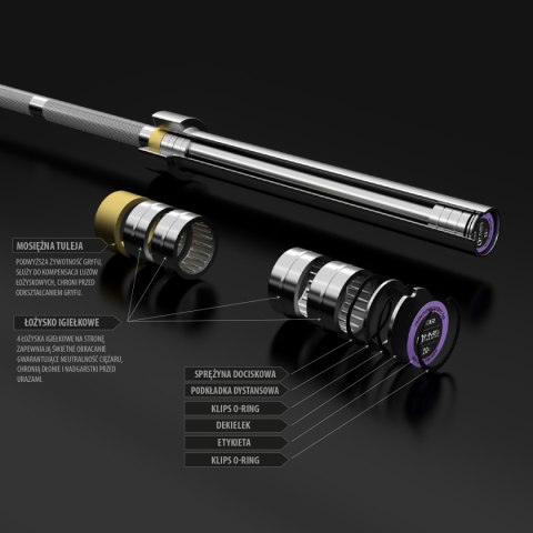 GO450 (+ ZG1000R) GRYF OLIMPIJSKI 18.5KG 2200MM HMS Z ZACISKAMI LOCK JAW RED