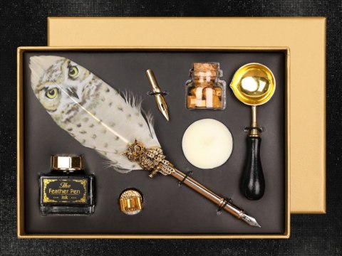 Zestaw piśmienniczy - Pióro ze stalówką, atramentem i zestawem do pieczęci (mix 4 wzorów).