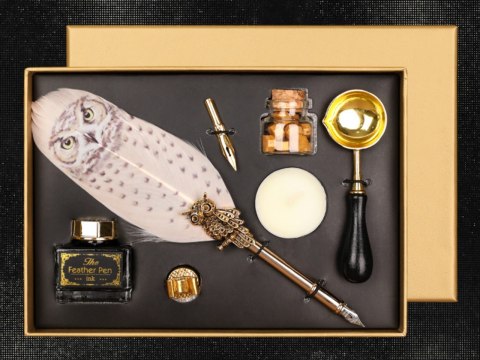 Zestaw piśmienniczy - Pióro ze stalówką, atramentem i zestawem do pieczęci (mix 4 wzorów).