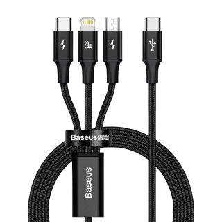 3w1 Kabel przewód USB-C - USB-C / iPhone Lightning / microUSB 20W PD 1.5m - czarny