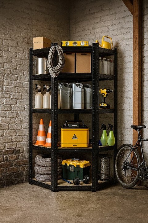 Regał magazynowy narożny metalowy czarny 2w1 5 półek 180x90x90x40 cm