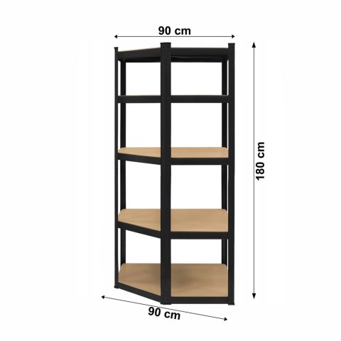 Regał magazynowy narożny metalowy czarny 2w1 5 półek 180x90x90x40 cm