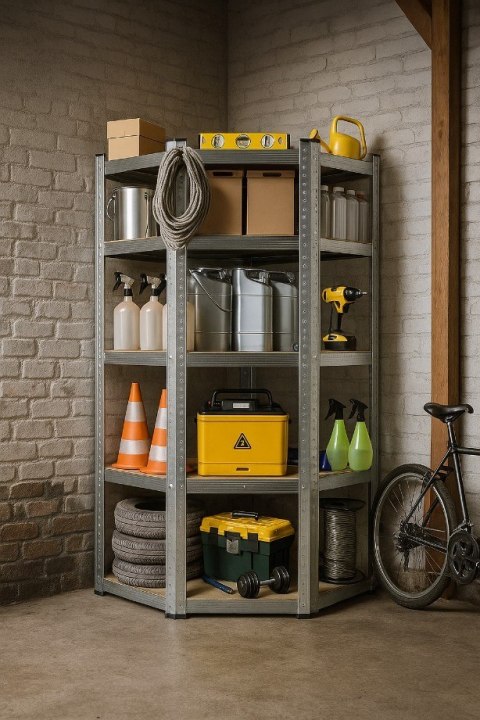 Regał magazynowy narożny metalowy srebrny 5 półek 2w1 180x90x90x40 cm