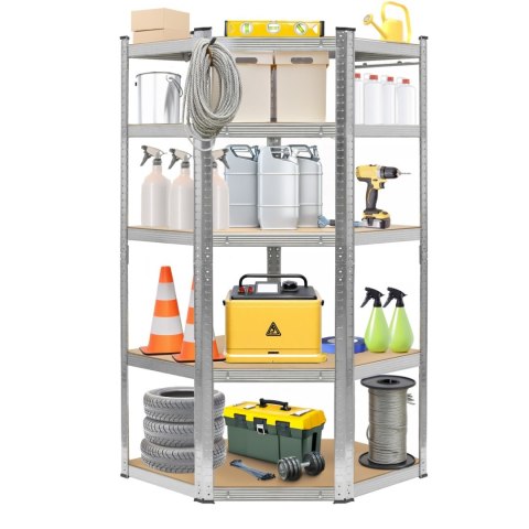 Regał magazynowy narożny metalowy srebrny 5 półek 2w1 180x90x90x40 cm