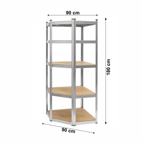 Regał magazynowy narożny metalowy srebrny 5 półek 2w1 180x90x90x40 cm