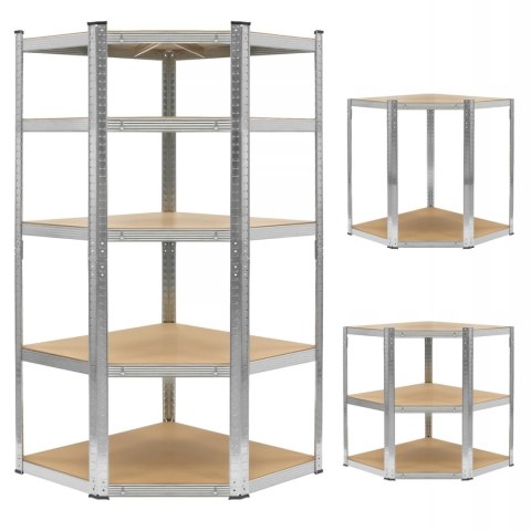 Regał magazynowy narożny metalowy srebrny 5 półek 2w1 180x90x90x40 cm
