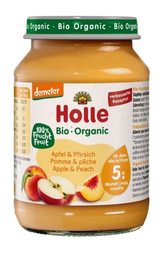 JABŁKO - BRZOSKWINIA BEZ DODATKU CUKRÓW BEZGLUTENOWE OD 5 MIESIĄCA DEMETER BIO 190 g (SŁOIK) - HOLLE
