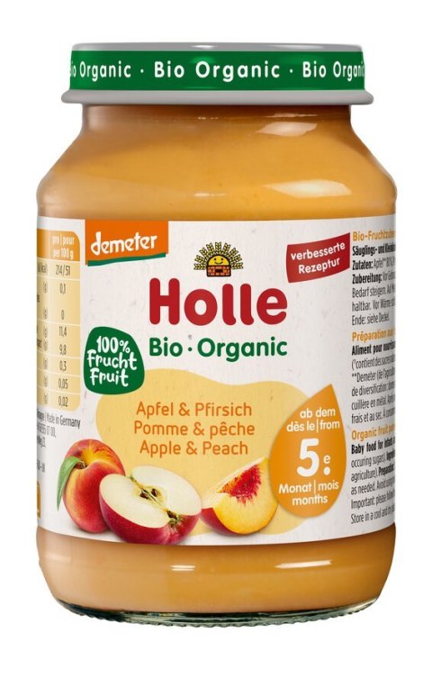 JABŁKO - BRZOSKWINIA BEZ DODATKU CUKRÓW BEZGLUTENOWE OD 5 MIESIĄCA DEMETER BIO 190 g (SŁOIK) - HOLLE