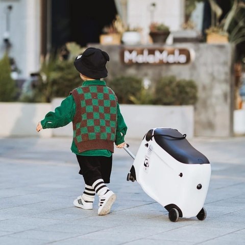 Walizka dziecięca z siedziskiem i kółkami - podróżna jeździk Czarna wygodna