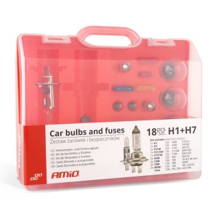 Zestaw żarówek i bezpieczników zasobnik 18 szt h1+h7 amio-01498