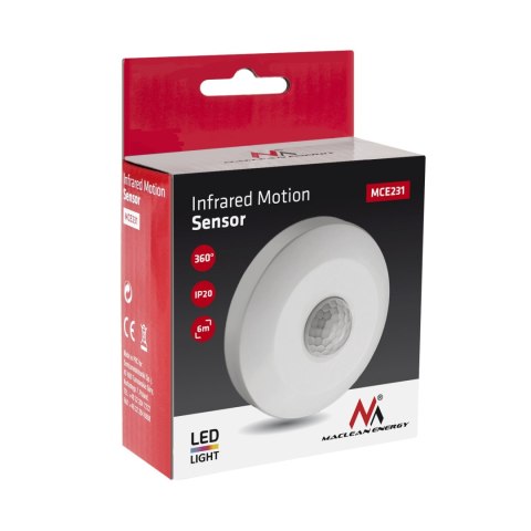 Czujnik ruchu PIR Maclean, sufitowy, zasięg 6m, max. 100W (LED), MCE231