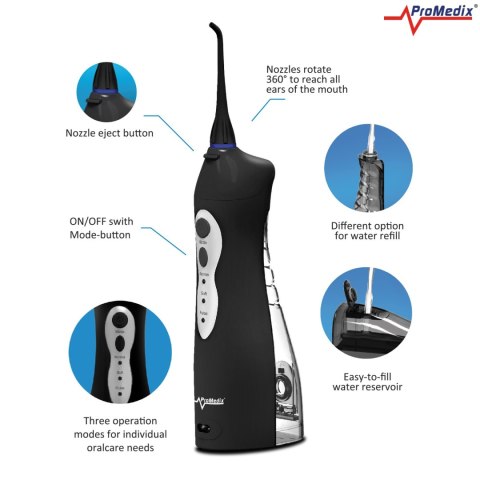 Irygator bezprzewodowy Promedix, dentystyczny, stomatologiczny do zębów, zapasowe końcówki , kolor czarny, PR-770 B