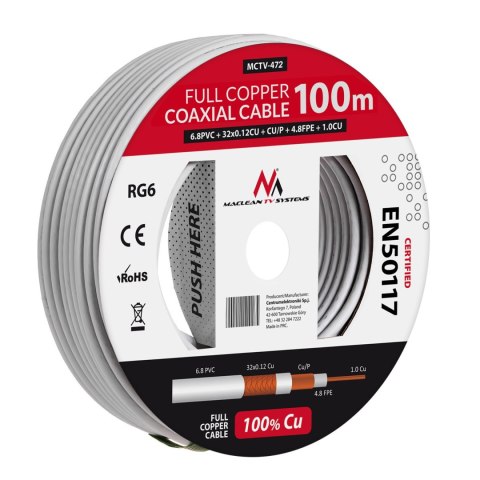 Kabel koncentryczny Maclean, Przewód antenowy satelitarny, RG61.02CU+4.8FPE+CU/P+32*0.12CU+6.8PVC, 100M, MCTV-472