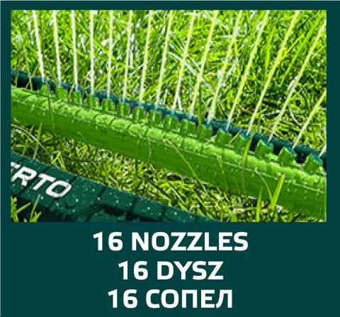 Zraszacz oscylacyjny, powierzchnia zraszania 12 x 18 m, 16 dyszy zraszających, igła do udrażniania dysz