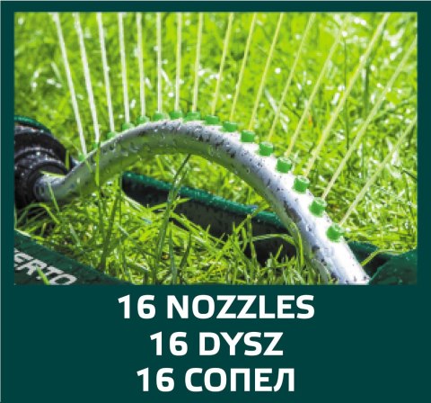 Zraszacz oscylacyjny, powierzchnia zraszania 13 x 18 m, 16 dyszy zraszających, igła do udrażniania dysz