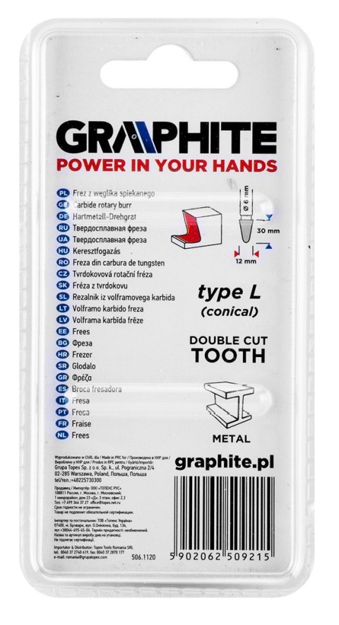 Frez do metalu HM, typ L (stożkowy), 12 x 30 mm, trzpień 6 x 45 mm