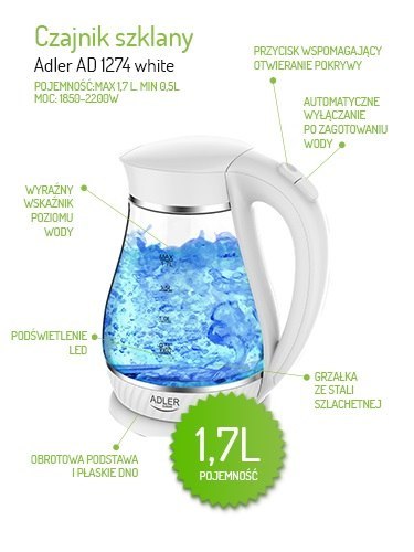 AD 1274 white Czajnik szklany 1,7l
