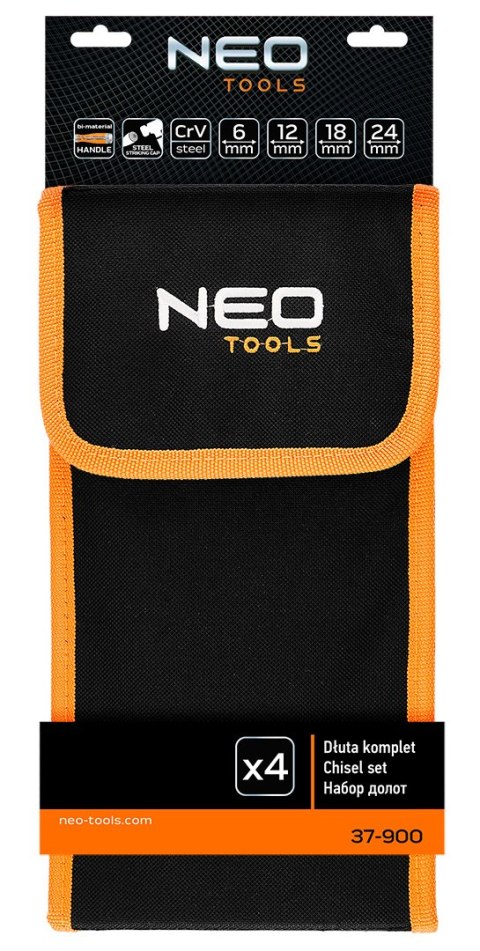 Dłuta 6, 12, 18, 24, zestaw 4 szt. Uchwyt dwukomponentowy. Pakowane w etui