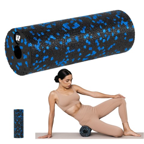 Mini wałek do masażu, roller piankowy gładki 5x15cm, kolor czarno-niebieski, materiał EPP, REBEL ACTIVE