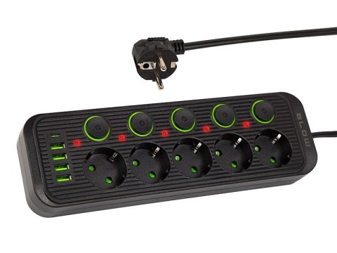 98-209# Przedłużacz sieciowy ps-550s 5-gniazd 4xusb 1xusb-c 5m czarny 3x1mm