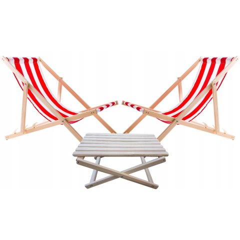 Zestaw stolik do lezaków +2 lezaki Czerwone pasy, WOODOK