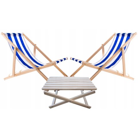 Zestaw stolik do lezaków +2 lezaki Niebieskie pasy, WOODOK