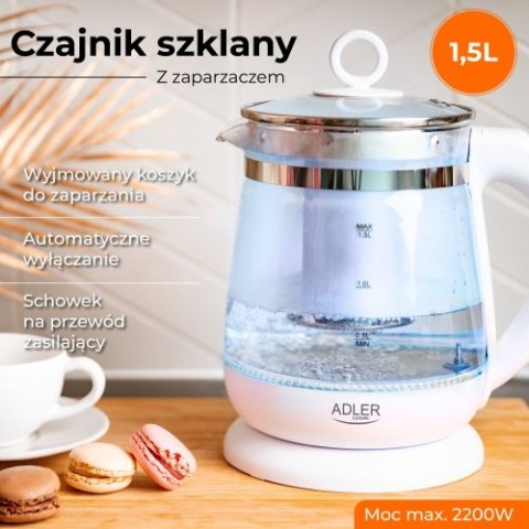 AD 1299 white Czajnik szklany 1,5 l z zaparzaczem oraz regulacją temp.