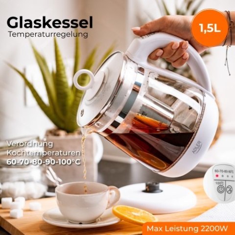 AD 1299 white Czajnik szklany 1,5 l z zaparzaczem oraz regulacją temp.