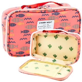 Piórnik Szkolny Organizer Kosmetyczka Dodatkowa Kieszonka Ryby Różowy 22,5cm