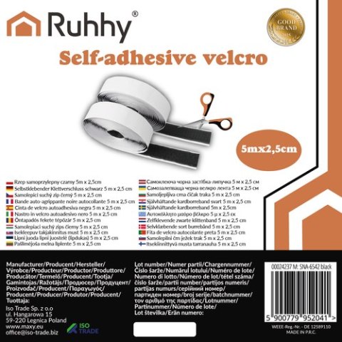 Rzep samoprzylepny czarny 5m x 2,5cm Ruhhy 24237