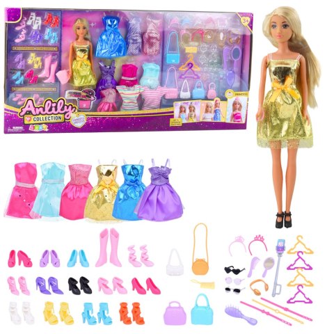 Duży Zestaw Modowy Kolekcja Anlily Lalka Sukienki Akcesoria 65el.