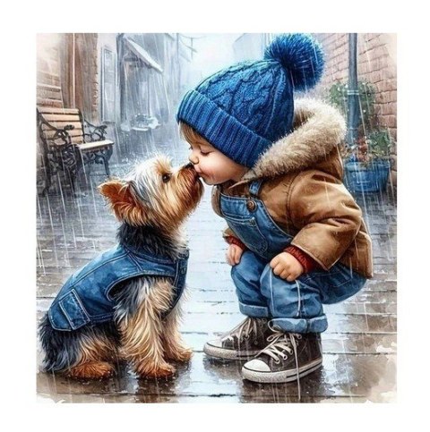Diamentowa mozaika - chłopiec i pies york, buziak w deszczu