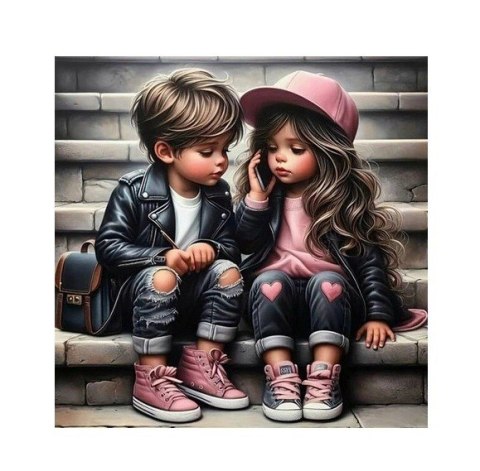 Diamentowa mozaika - dziewczynka i chłopiec na schodach