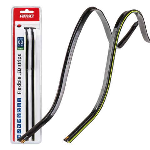 Paski led do samochodu boczne zielone 2x30cm 12v amio-04577