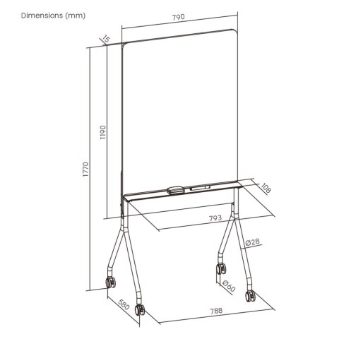 Mobilna tablica suchościeralna Ergo Office, orientacja pionowa, biała, jednostronna, z półką, wymiary tablicy 1190x790mm, ER-305
