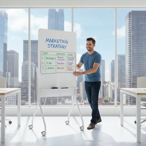 Mobilna tablica suchościeralna Ergo Office, orientacja pionowa, biała, jednostronna, z półką, wymiary tablicy 1190x790mm, ER-305