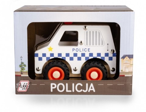 Drewniane auto z oponami policja