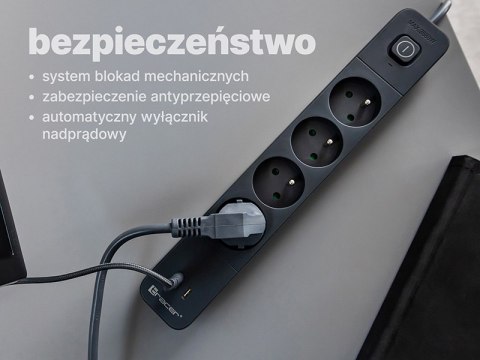 Listwa zasilająca antyprzepięciowa TRACER Power Line+ mobile ready 1.5 m (4 gniazda + 1x USB A+ 1x Type C, PD20W)