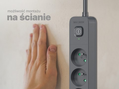 Listwa zasilająca antyprzepięciowa TRACER Power Line+ mobile ready 1.5 m (4 gniazda + 1x USB A+ 1x Type C, PD20W)