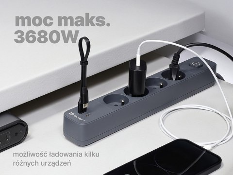 Listwa zasilająca antyprzepięciowa TRACER Power Line+ mobile ready 1.5 m (4 gniazda + 1x USB A+ 1x Type C, PD20W)